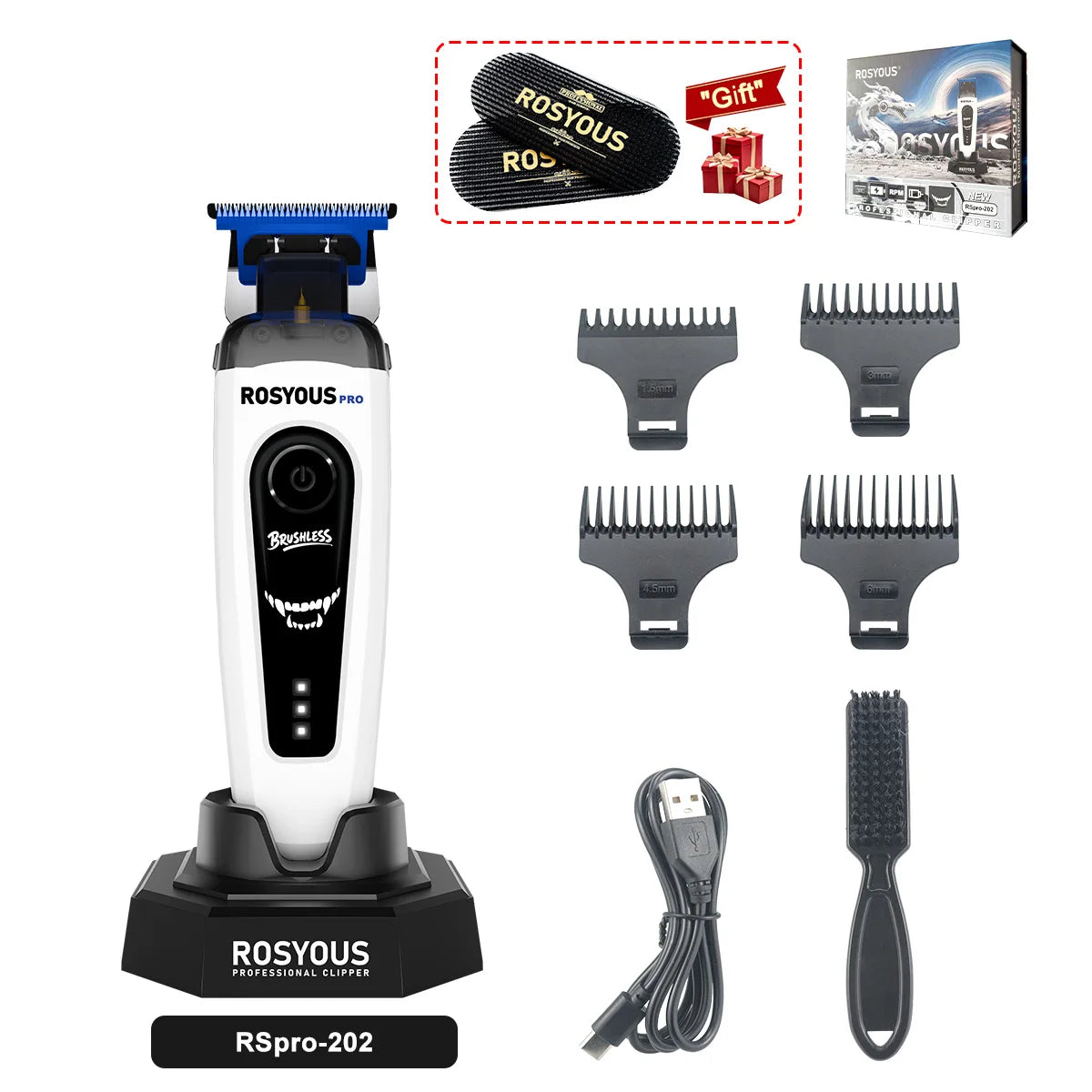 ROSYOUS RSpro-202 Hair Trimmer for Men DLC T-Blade 8000RPM Brushless Motor with Base Charger Professional Hair Cutting Machine