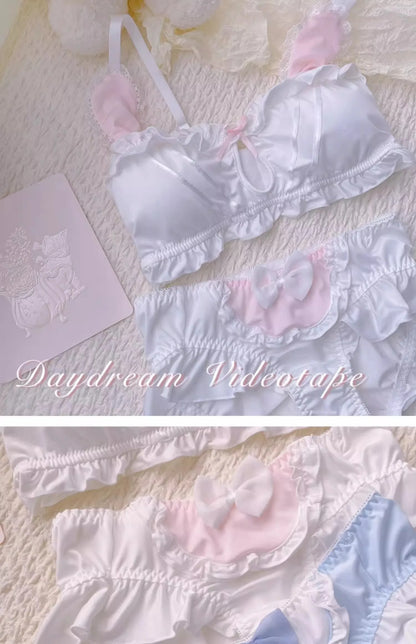 MOYISU Kawaii Lolita Bra Set, Bunny Ear Cutout No Wire Bralette Soft Sweetheart Lingerie Small Bust Pure Sexy Japanese Ya Ma Die
