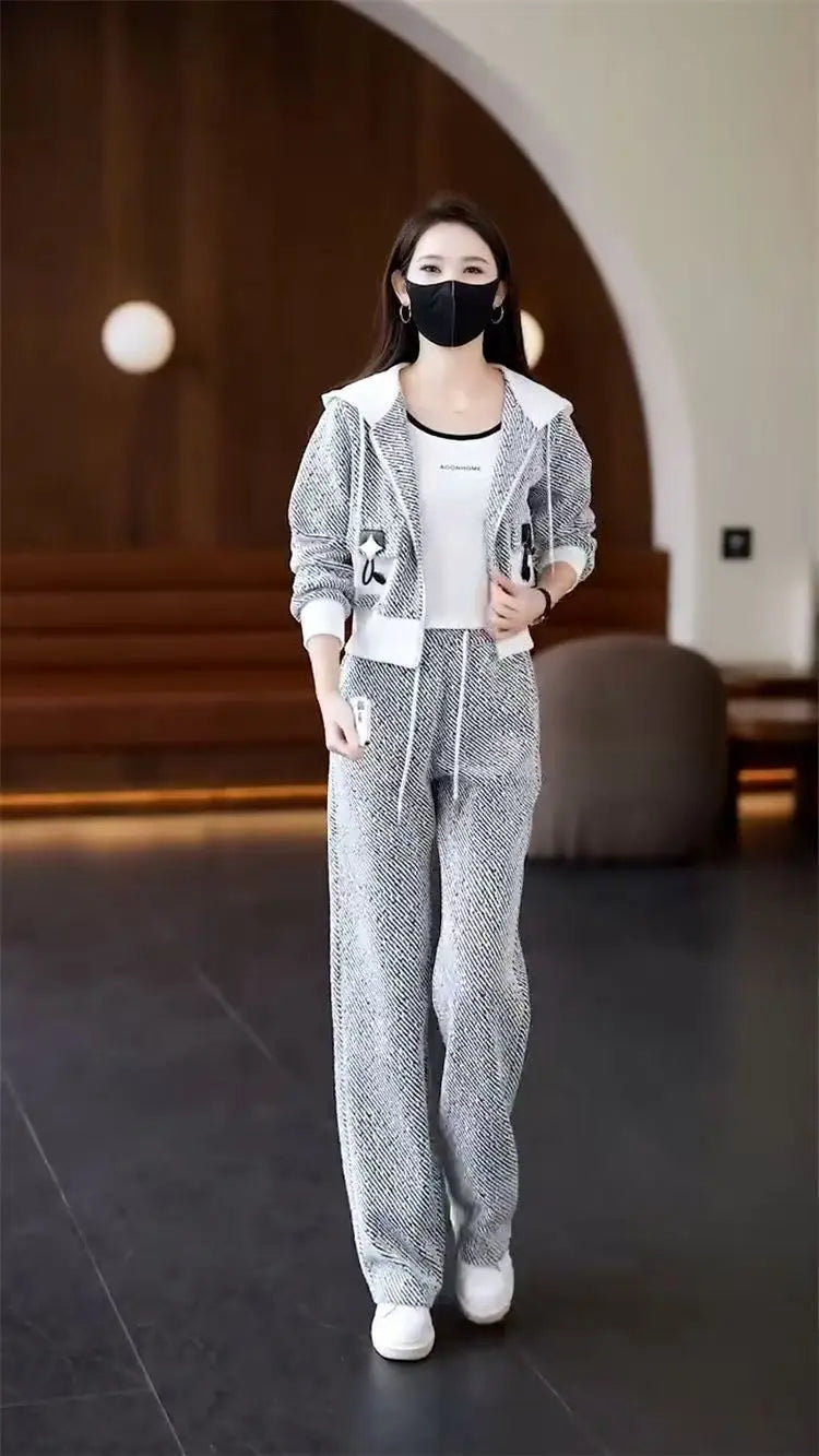 Brand Women's Autumn Sweater Jacket Wide Leg Pants Two-Piece Set Korean Style Loose Fit Long Sleeve Zipper Closure Fashion En...