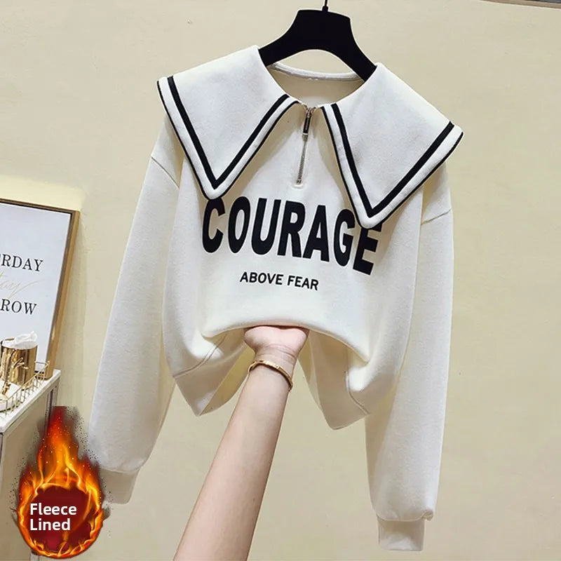 Teenage Girl's Fleece Lined Thickened Navy Collar Sweatshirt Small Size Winter Fashionable Clothing School Sweet Style Zipper