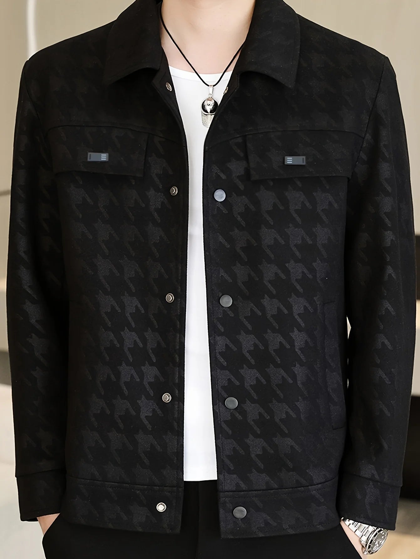 Houndstooth Business Men's Leather Jacket Pu Lapel Multi-Flap Pocket Pants
