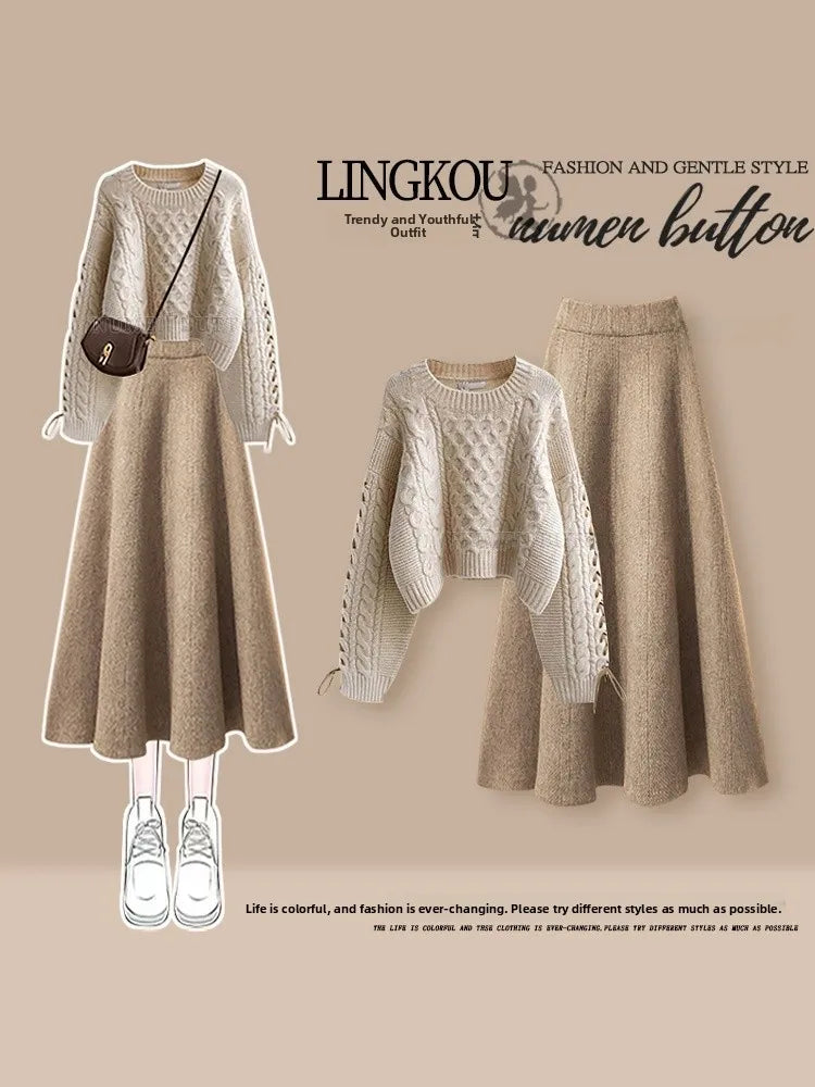 plus Size Autumn Casual Knitted Sweater And High Waist  Skirt Set Women's round Neck Slimming Fashion Two-Piece Ensemble