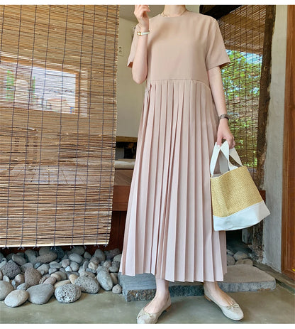 Elegant Short Sleeve Midi Dress for plus Size Women Summer Loose Slimming T-Shirt Long Skirt High Waist Pleated Dress