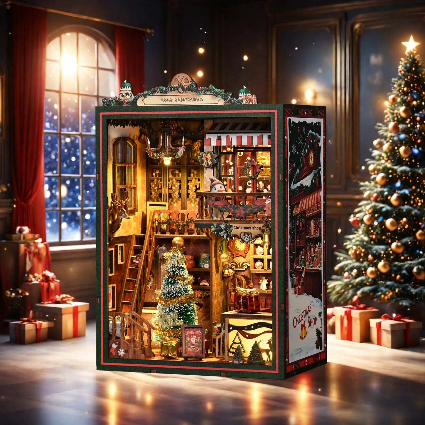 Popular DIY Christmas Book Nook Kit Miniature House with LED Light Wooden Bookshelf Insert Home Decor Holiday Gift