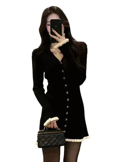 Elegant Black Knitted  Dress Women's Fashion Autumn Winter 2025 New Style High-End Feelings A-Line Skirt V-Neck Long Sleeve