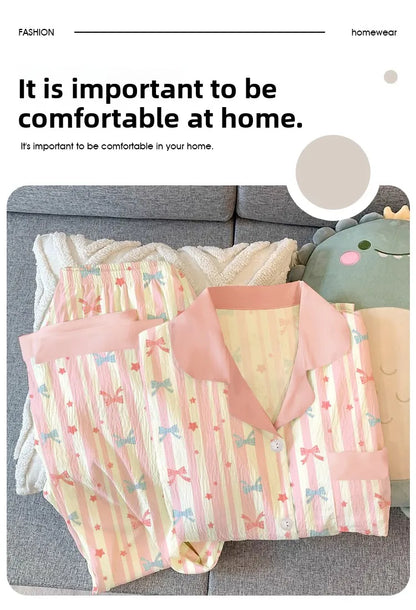 Girls Stripe Sleepwear Women's  Knot Star Long Sleeve Long Pants Korean Style Sweet Crepe Home Clothes Set