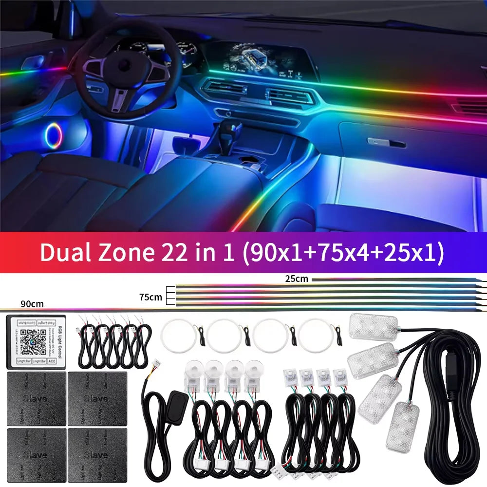 18 in 1 Dual Zone Symphony Streamer Car Ambient Light RGB 64 Colors Interior Rainbow Acrylic Strip Atmosphere Lighting kit App