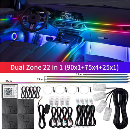18 in 1 Dual Zone Symphony Streamer Car Ambient Light RGB 64 Colors Interior Rainbow Acrylic Strip Atmosphere Lighting kit App