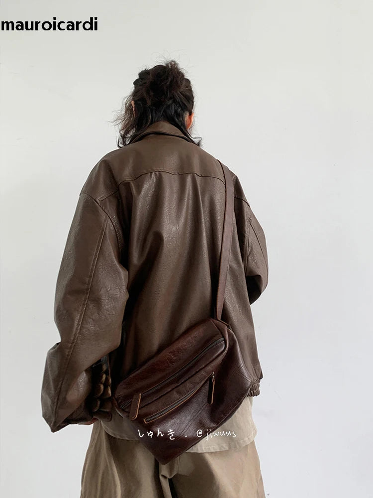 Mauroicardi Autumn Winter Vintage Oversized Cool Brown Black Soft Pu Leather Jacket Men Pockets Loose Casual Unisex Clothes 2023