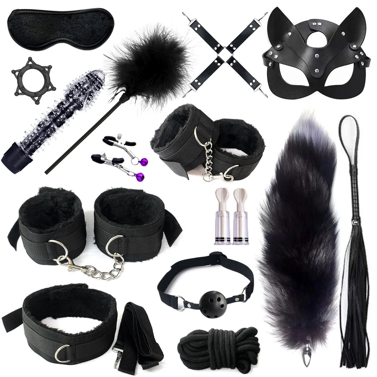 Exotic Sex Toys, Leather Plush sexy Bondage Bundle Set, Gag, Whip, Butt Plug, Sex Toys for Women, Nipple Clips, Erotic Sex Toys