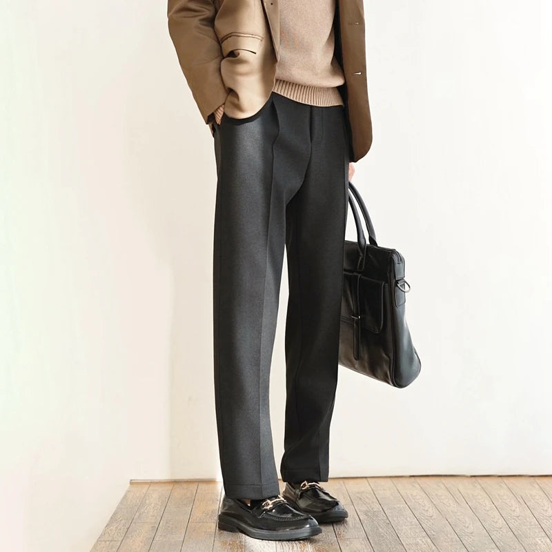 New Product Release Autumn Winter: Men's Wool Acetate Silk Straight Leg Pants Casual Hanging Pants Thick and Warm Knitted Pants