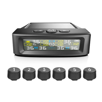 Solar TPMS Car Tire Pressure Alarm Digital Colorful Display 6 External Sensors Waterproof Tire Pressure Temperature Warning