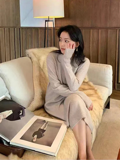 Women's Pure Cashmere Knit Dress Simple round Neck Knee-High Coat Long Sweater Skirt Autumn Winter Fashion New Arrival