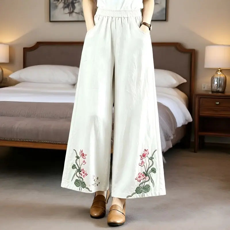High-End Retro Embroidered Cotton Linen Wide Leg Pants Women Summer Lightweight Breathable High Waist Slimming Casual Travel