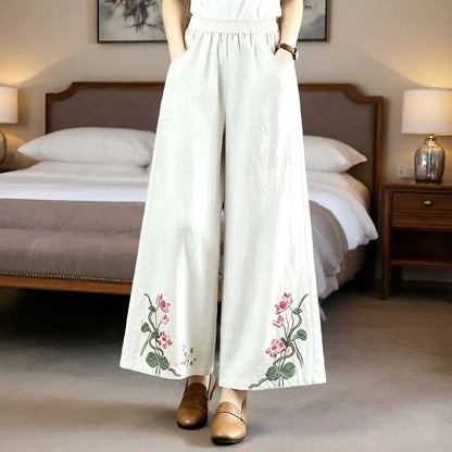 High-End Retro Embroidered Cotton Linen Wide Leg Pants Women Summer Lightweight Breathable High Waist Slimming Casual Travel