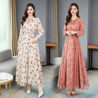Fashionable new women's dress, chiffon long sleeve, Korean style floral print, new autumn and winter product, large hem, slimmin