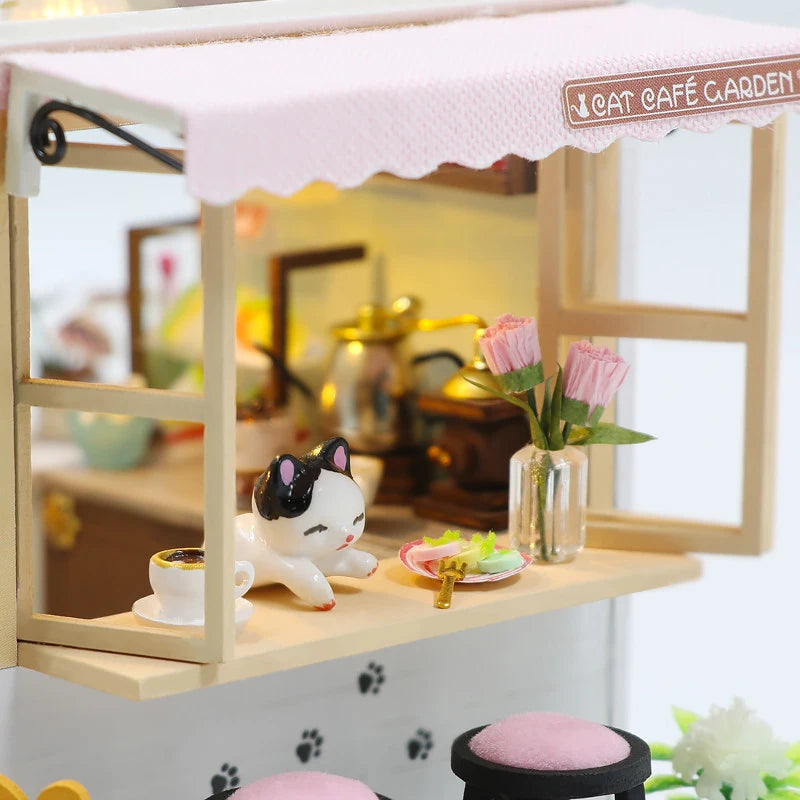 Mini DIY Wooden Doll House Cat Cafe House Making Room Toys Home Bedroom Decoration With Furniture Toy For Xmas Gifts Dollhouses