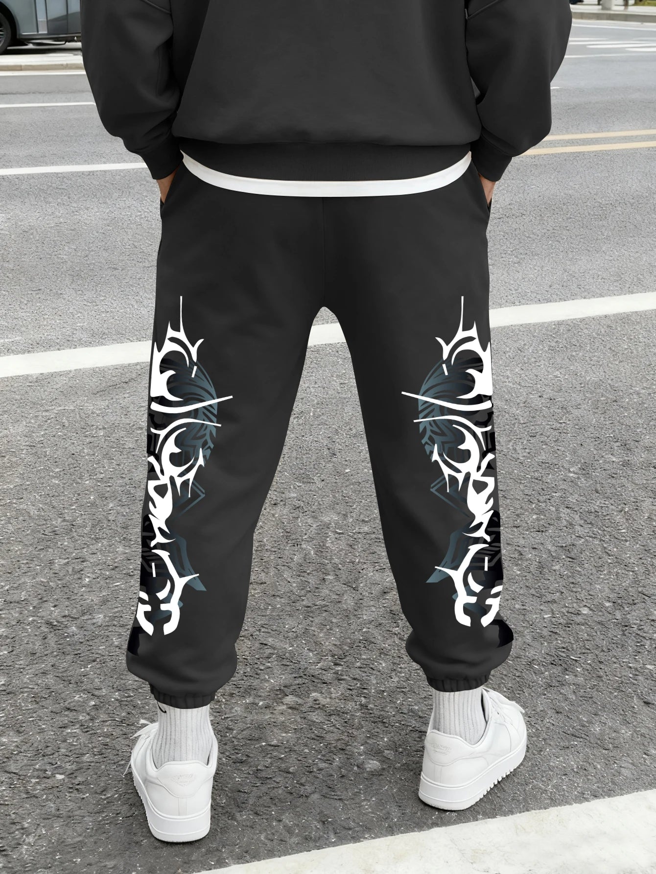 Men's Gothic Double Side Thorn Tribal Abstract Print Sweatpants Elastic Waist Soft Fabric Dark Punk Street Hip Hop Joggers