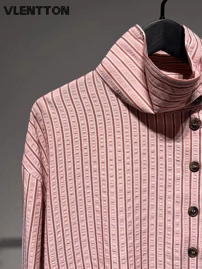 2026 Spring New Women Fashion High-Neck Pink Striped Shirt Casual Button Long Sleeves Loose Versatile Blouse Tops Female
