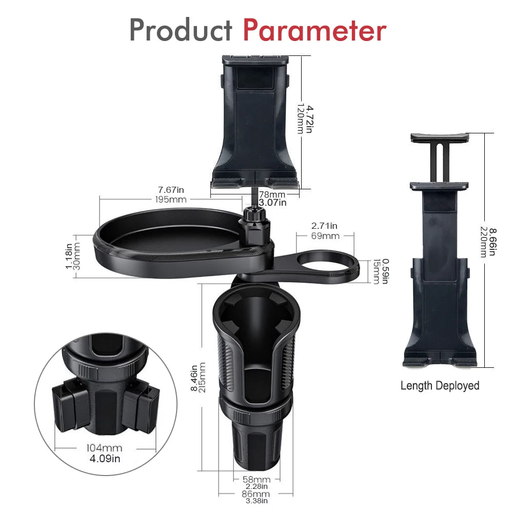 New Car Cup Holder Tray Adjustable with Phone Holder Tablet Tray Table 2 Cup Holders Road Trip & Car Traveling Essential Gadget