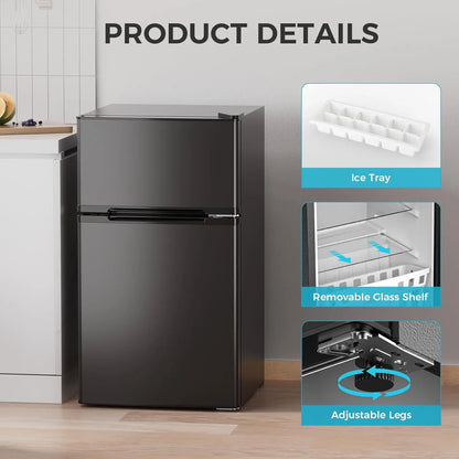 3.2 Cu.Ft Fridge with Freezer, Double Door Compact Fridge for Bedroom, Adjustable Thermostat, Energy