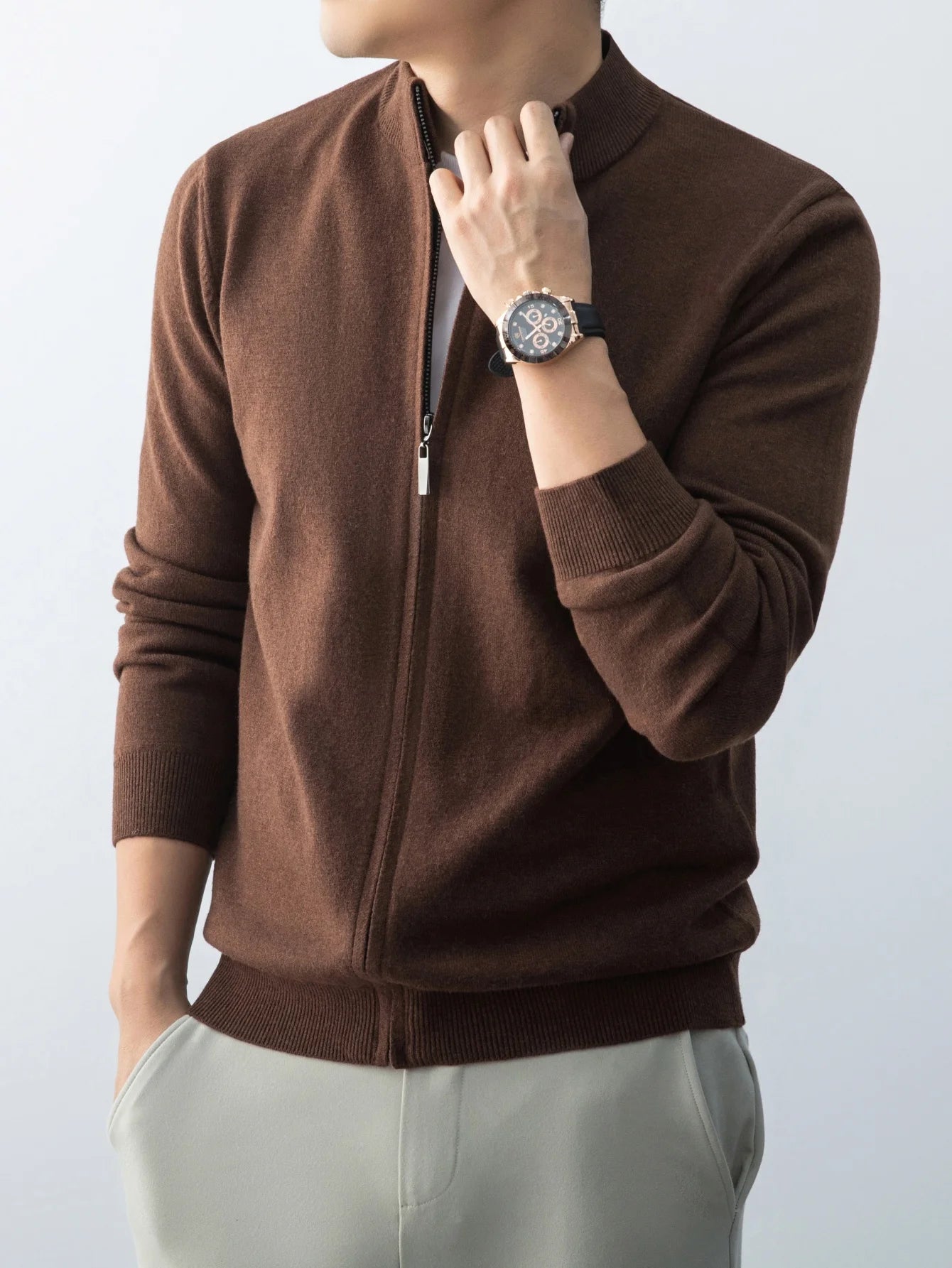 Wool Knitted Cardigan Men's 2026 New Spring and Autumn Fashion Stand-up Collar Top Casual Zipper Sweater Business Casual Jacket