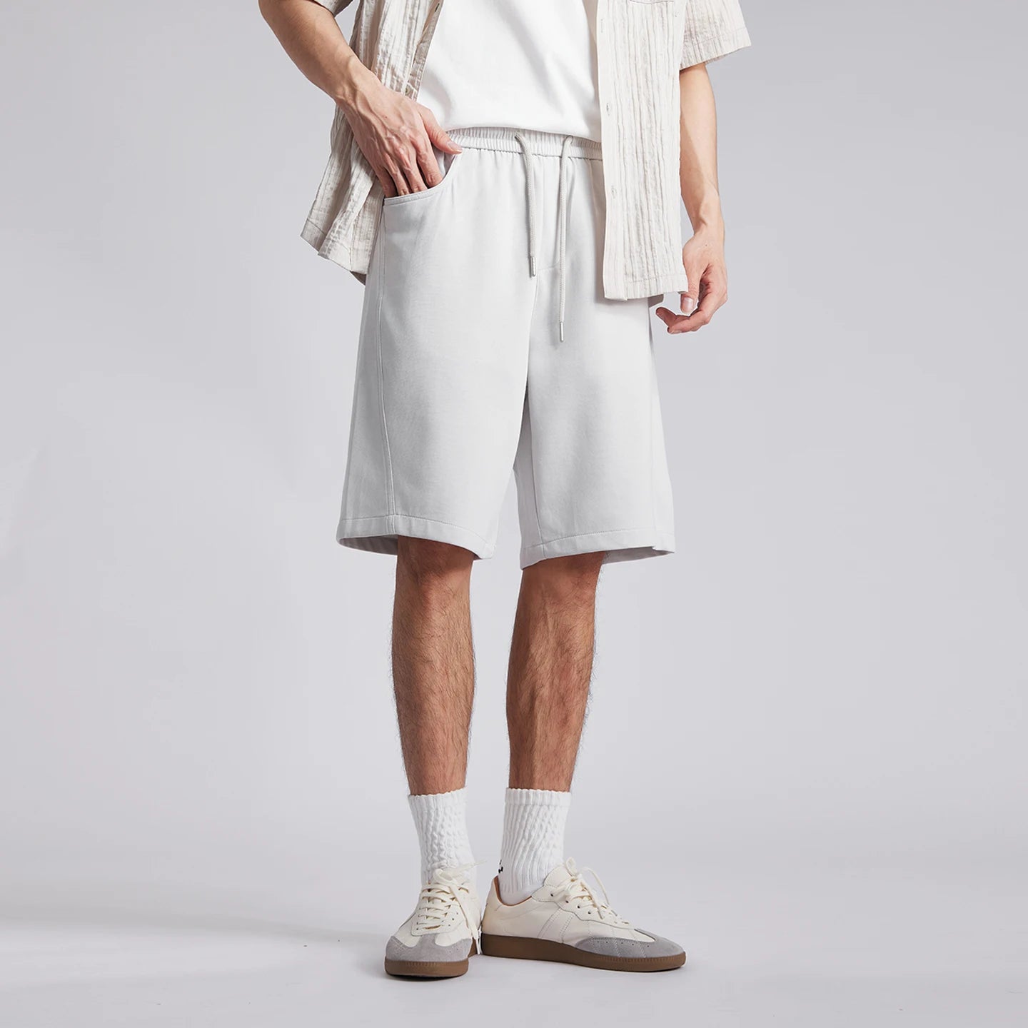 Men's Draped Ice Silk Casual Shorts Summer Solid Color Loose Drawstring Elastic Waist Wide Leg Five Points Sports Middle Pants