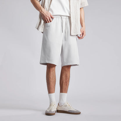 Men's Draped Ice Silk Casual Shorts Summer Solid Color Loose Drawstring Elastic Waist Wide Leg Five Points Sports Middle Pants