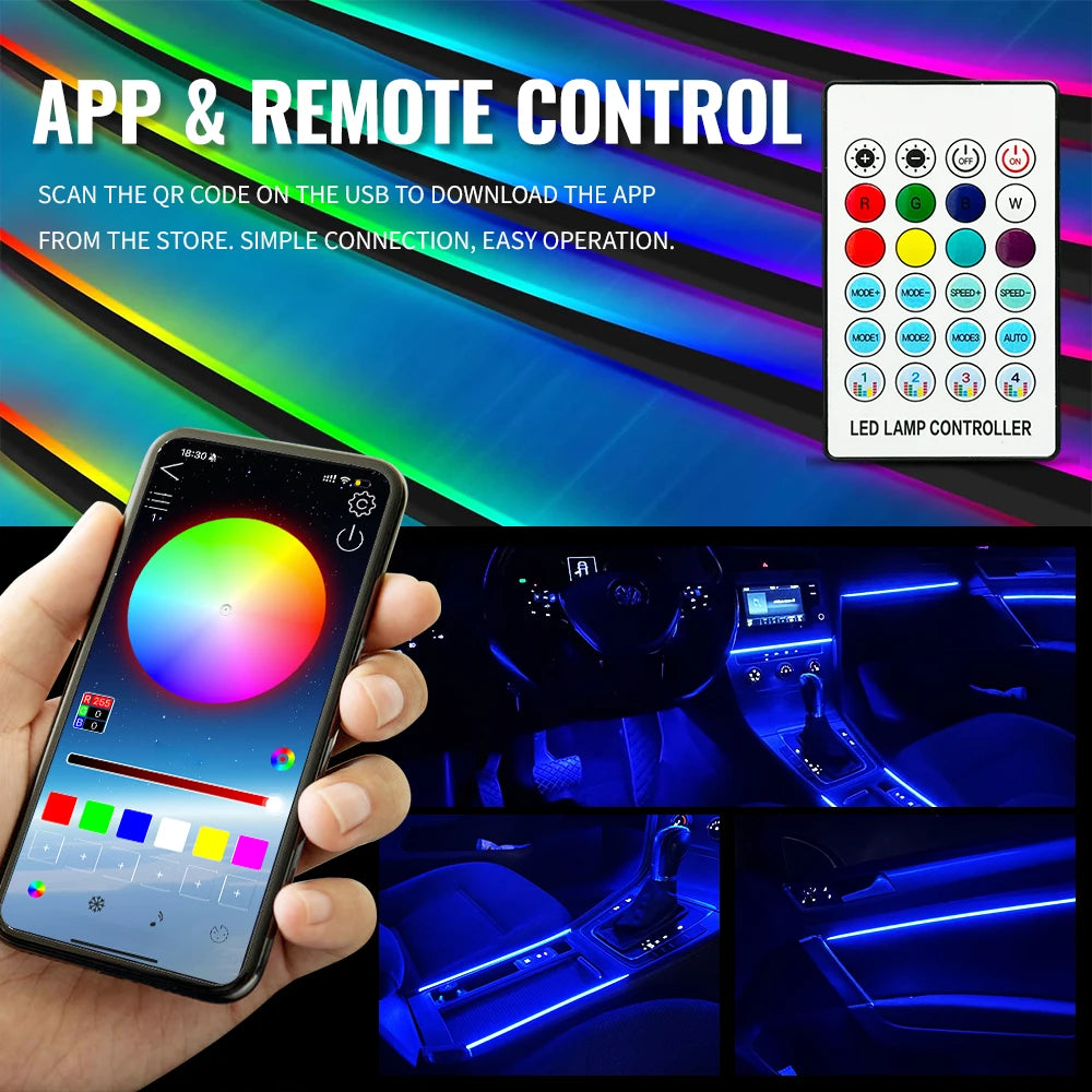 Universal 43-inch RGB Car Interior Lighting Kit with App Control - 64 Colors & 8 Dynamic Modes