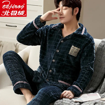 Pajama Sets Flannel Pajamas Men's Winter Thickening Warm Suit Long-sleeved Loose Home Clothes Autumn Cardigan