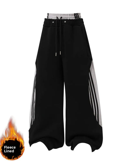 Retro American Fleece Lined Thickened Knife  Wide Leg Pants Women's Winter Double Waist Dance Trousers Casual Striped Pants