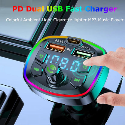 Car Bluetooth 5.0 FM Transmitter PD 18W Type-C Dual USB 4.2A Fast Charger LED Backlit Atmosphere Light MP3 Player Lossless Music