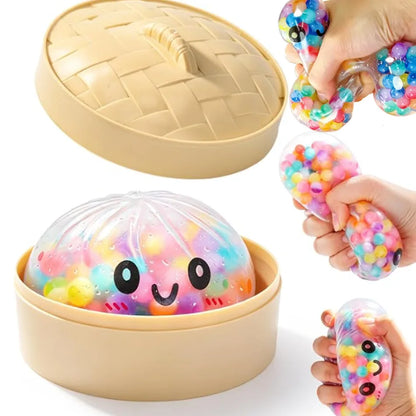 Rainbow Dumpling Squishy with Bead Sensory Squeeze Toy for Stress Relief with Bamboo Steamer Funny Gift