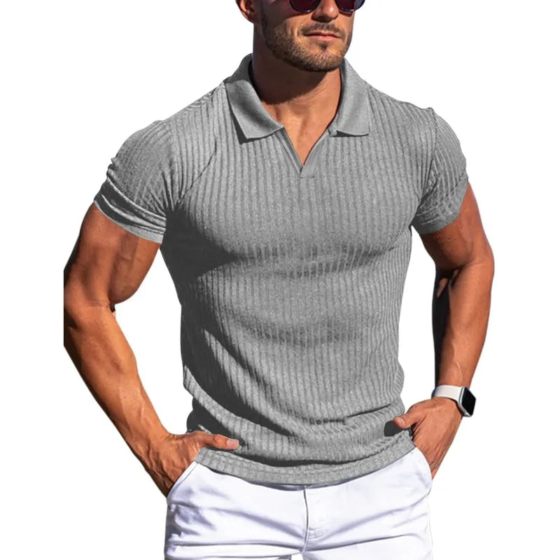 Men's Ribbed V-Neck Polo Shirt Summer Breathe Slim Fit Short Sleeve T-Shirt Men Casual Business Fashion T-Shirt