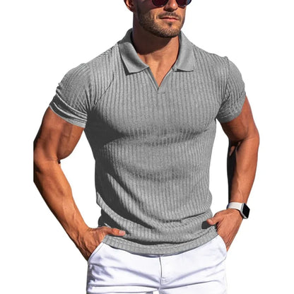 Men's Ribbed V-Neck Polo Shirt Summer Breathe Slim Fit Short Sleeve T-Shirt Men Casual Business Fashion T-Shirt