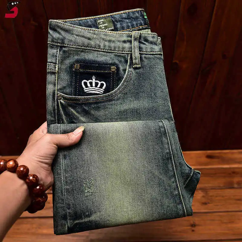 2026 Retro Nostalgic Jeans Men's Embroidered Print Spring and Autumn Men's Clothing Elastic Slimming Small Foot Trendy Pants