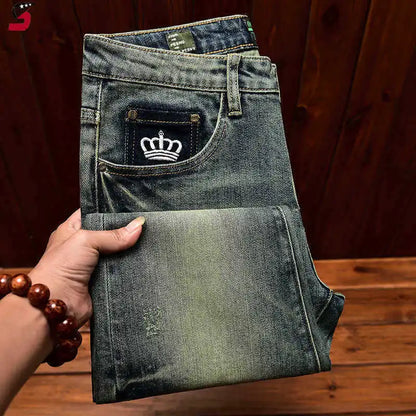 2026 Retro Nostalgic Jeans Men's Embroidered Print Spring and Autumn Men's Clothing Elastic Slimming Small Foot Trendy Pants