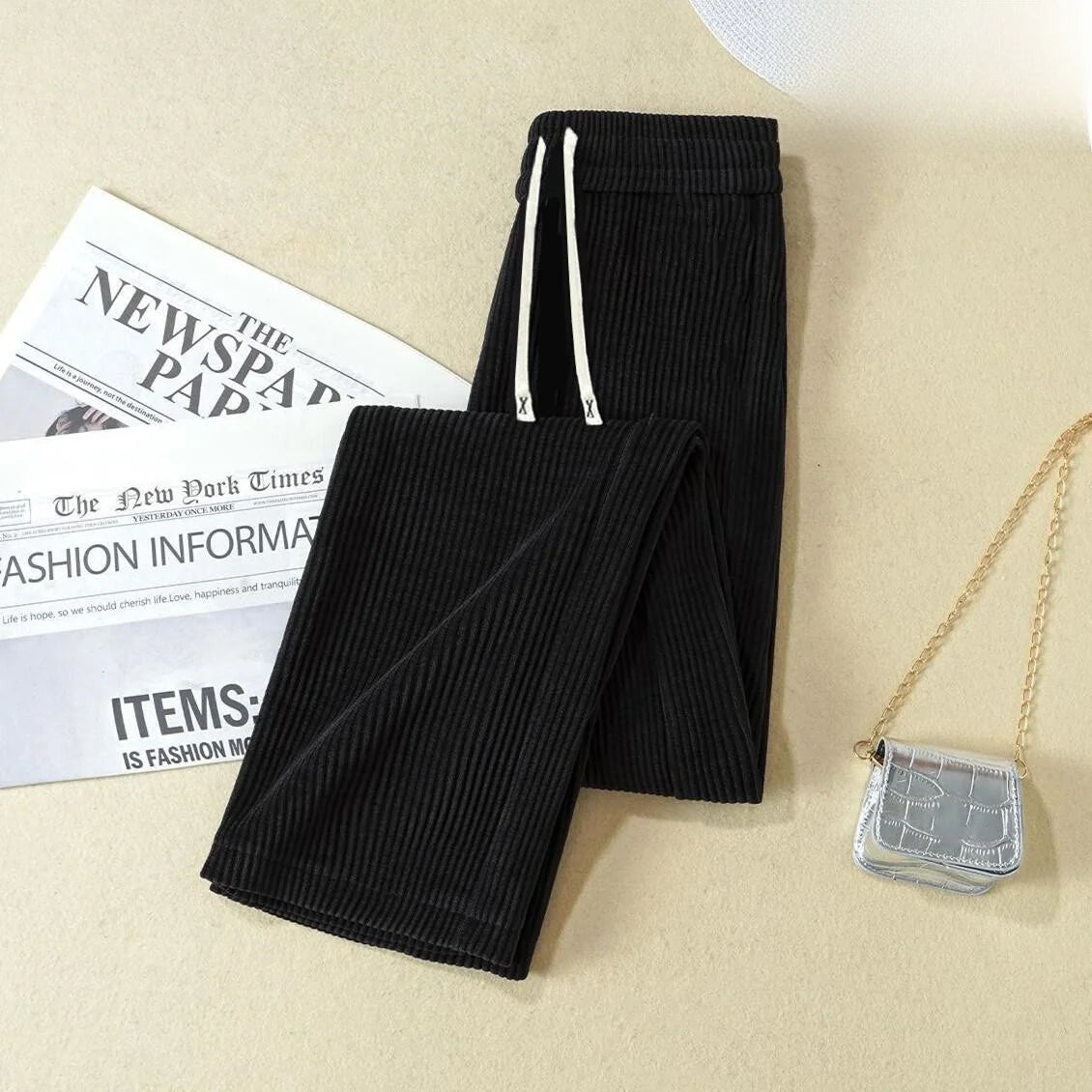 Thickened Fleece Lined Corduroy Straight Leg Casual Pants Women's High Waist Elastic Waist Warm Trousers Autumn Winter New Style