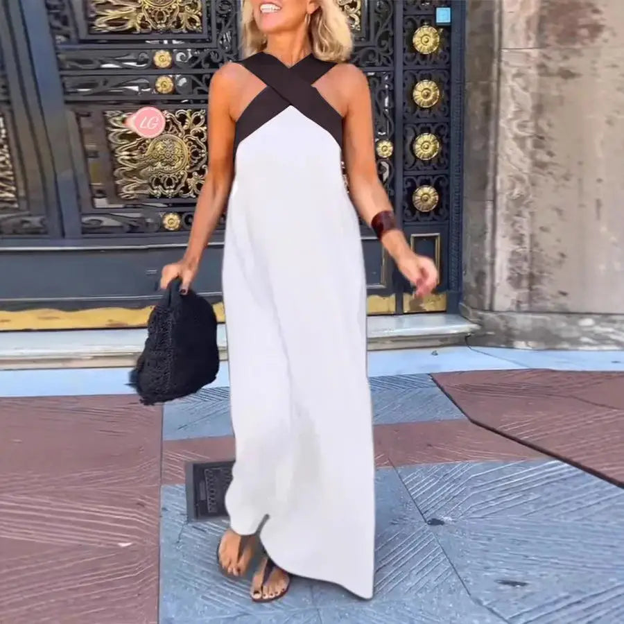 Women's Long Cross Dress Skirt European Style Mid-Waist A-Line Dress Polyester Fabric No-Sleeve Business Wear Single Piece