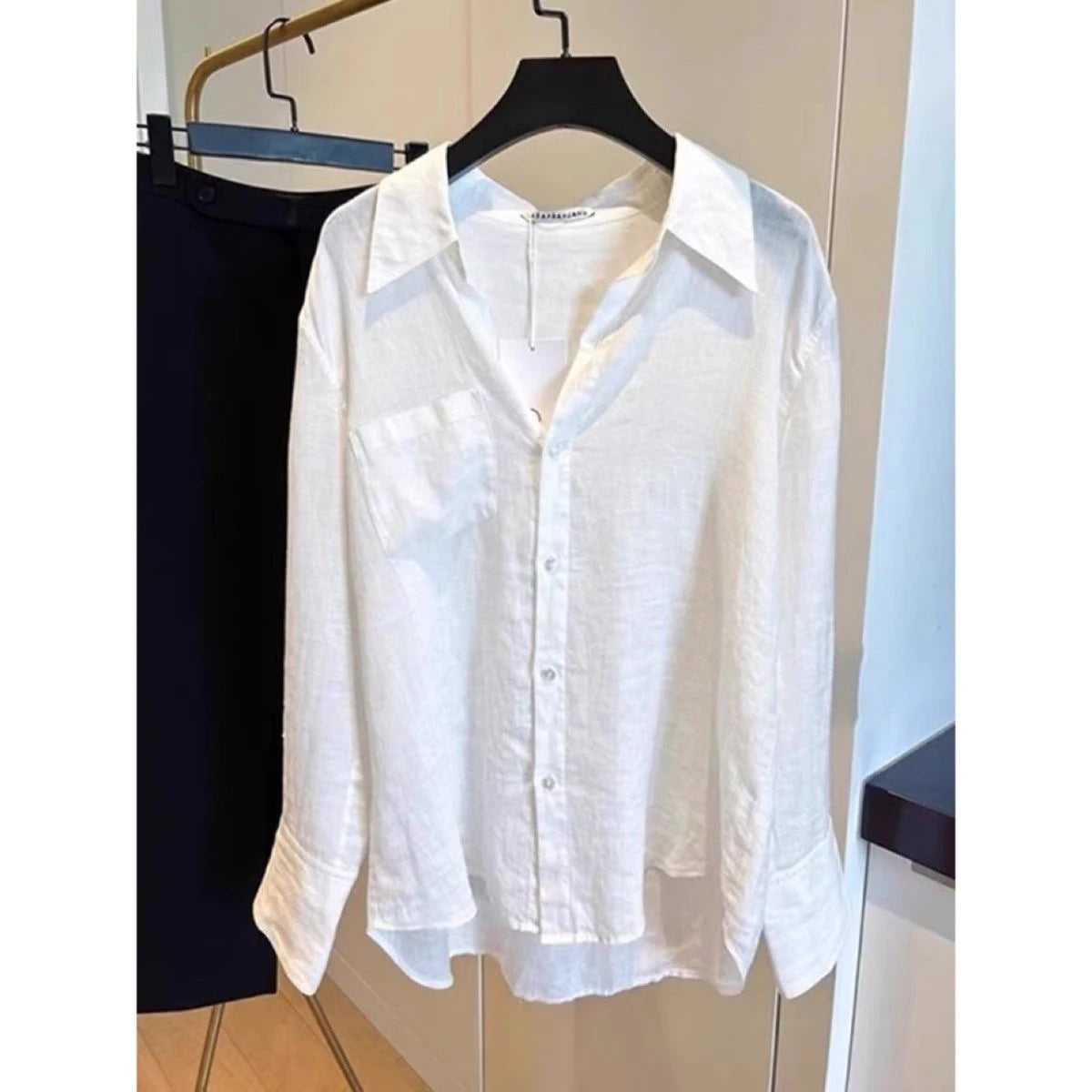 White Linen Cotton Blend Long Sleeve Shirt Women Summer Thin Loose Style Sun Protection Top Casual Commute Fashion  Collar