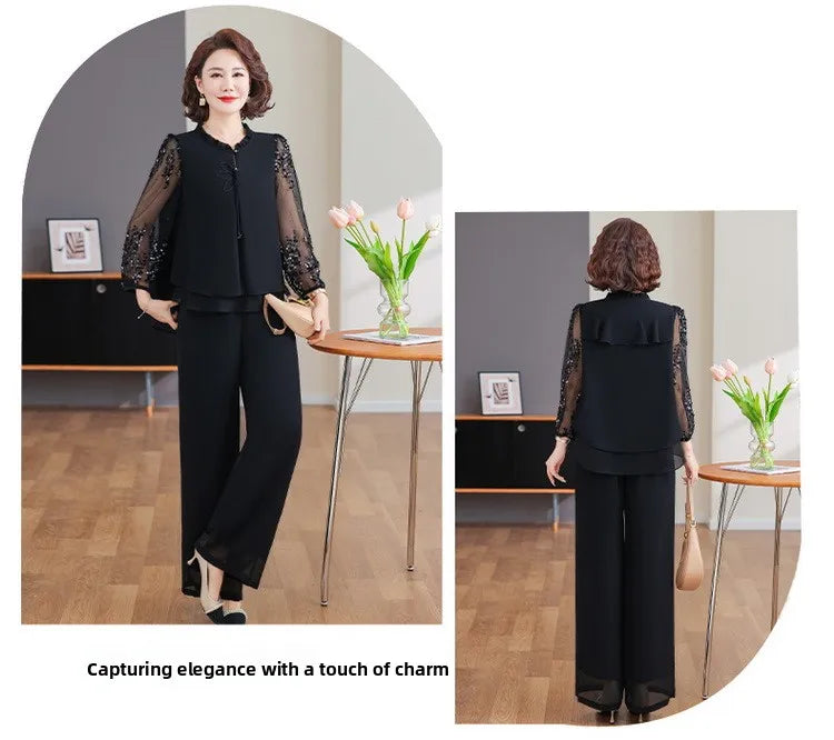 New 2026 Summer Fashionable Thin Two-Piece Set for Older Women Age-Defying Trendy Top And Bottom Ensemble Polyester Fiber