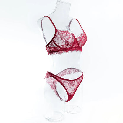 Ellolace Solid Women's Lingerie Sets Elegant Eyelash Lace Bra Panty 2PC Seductive See Through Intimate Willowy Sexy Underwear