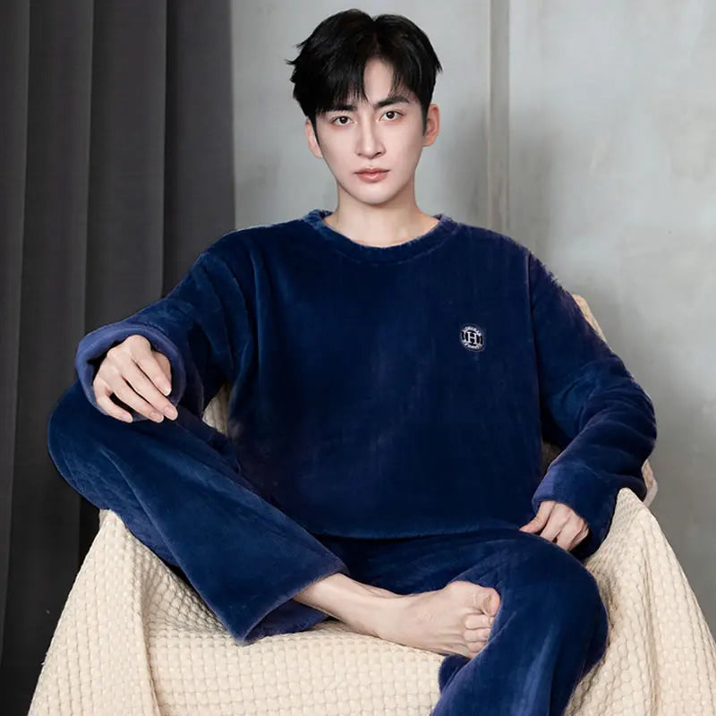 Thickened Flannel Sleepwear for Men Winter Coral Fleece Home Clothes Set Spring Autumn Winter Style Casual Loose Fit Long Sleeve