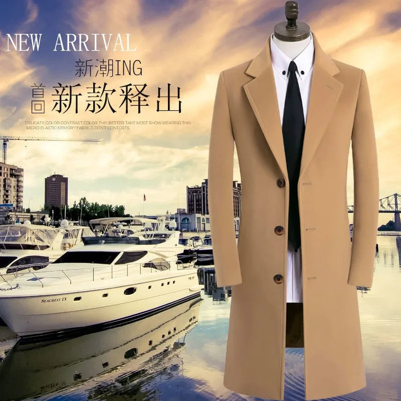 Winter New Men's Mid-Length Woolen Coat Double-Faced Cashmere Warm Business Style Korean Version Travel Suitable Single-Button