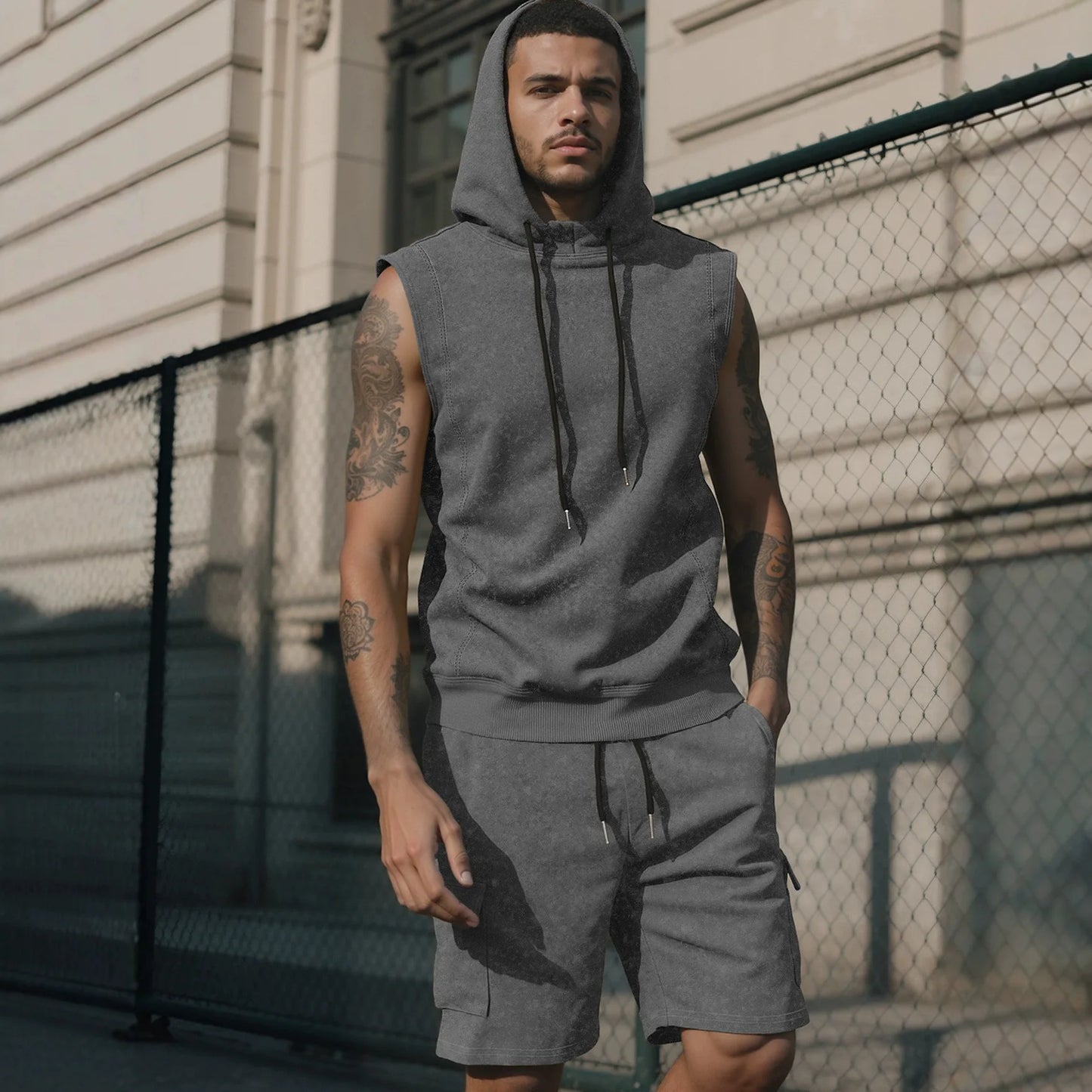 Men’s Sleeveless Hoodie and Shorts Set 2 Piece Workout Outfit Gym Sportswear 2026