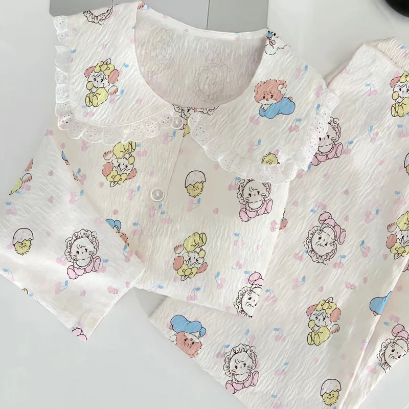 Cloud Cotton Sleepwear Set for Women Casual Spring Autumn Long Sleeve Long Pants Home Clothes  Plant Floral Print