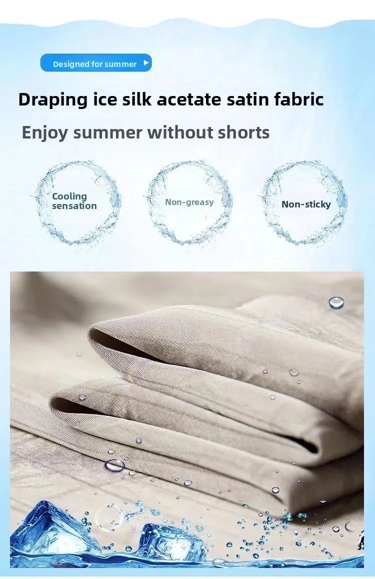 Summer Thin Ice Silk Satin Dyed Wide Leg Pants Women Loose Casual Drape High Waist Slimming Pants Ins Straight Leg Elastic Wa...