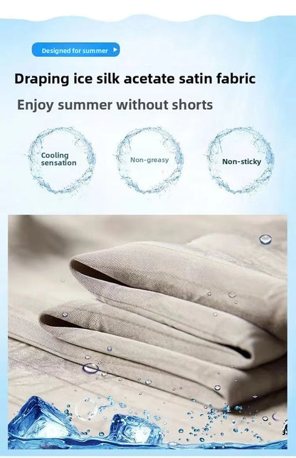 Summer Thin Ice Silk Satin Dyed Wide Leg Pants Women Loose Casual Drape High Waist Slimming Pants Ins Straight Leg Elastic Wa...