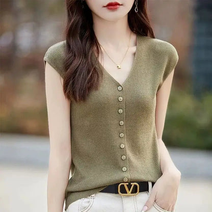 Women's Clothing New Fashion V-neck Knit Tops Summer Casual All-match Thin Sleeveless Tanks Lady Solid Single-breasted Cardigan