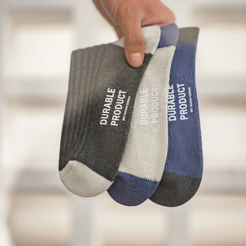 Maden Men's 3 Pairs Socks Casual Contrasting Color Knitted Mid-calf Socks Three-color Pit Thick Line Long Socks